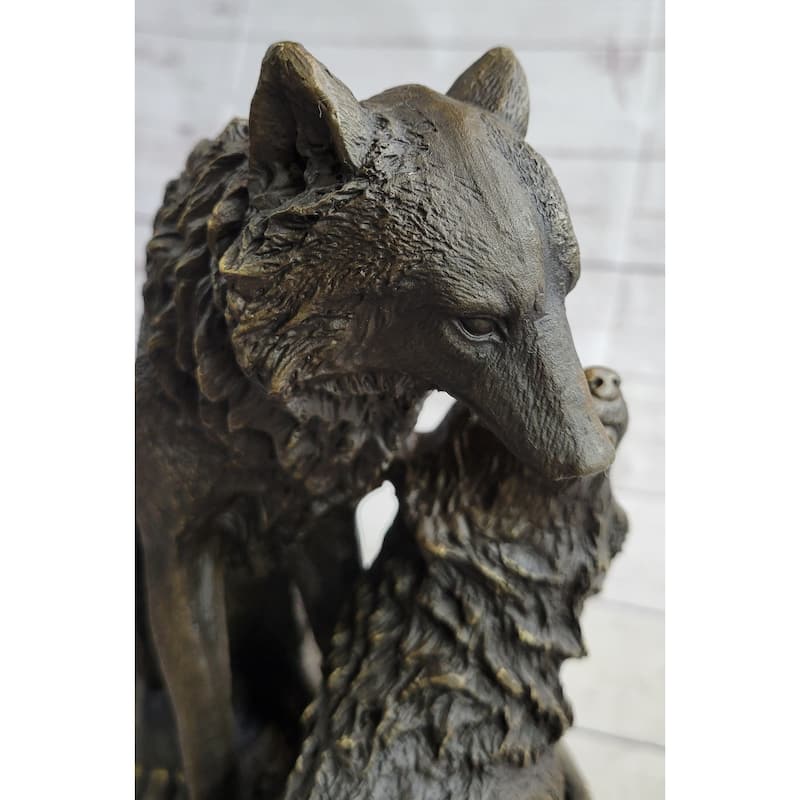 Two Wolves Wolf Family Bronze Metal Sculpture Statue On Marble Base 14 Inches X 14 Inches