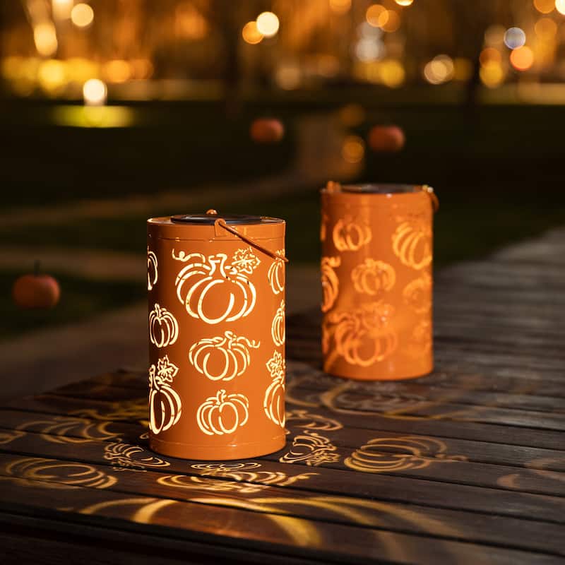 Glitzhome Fall Thanksgiving Pumpkin Pattern Metal Solar Powered LED Lanterns