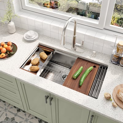 Undermount Nano Brushed Stainless Steel Workstation Kitchen Sink with Sensor-Activated Kitchen Faucet and Accessories