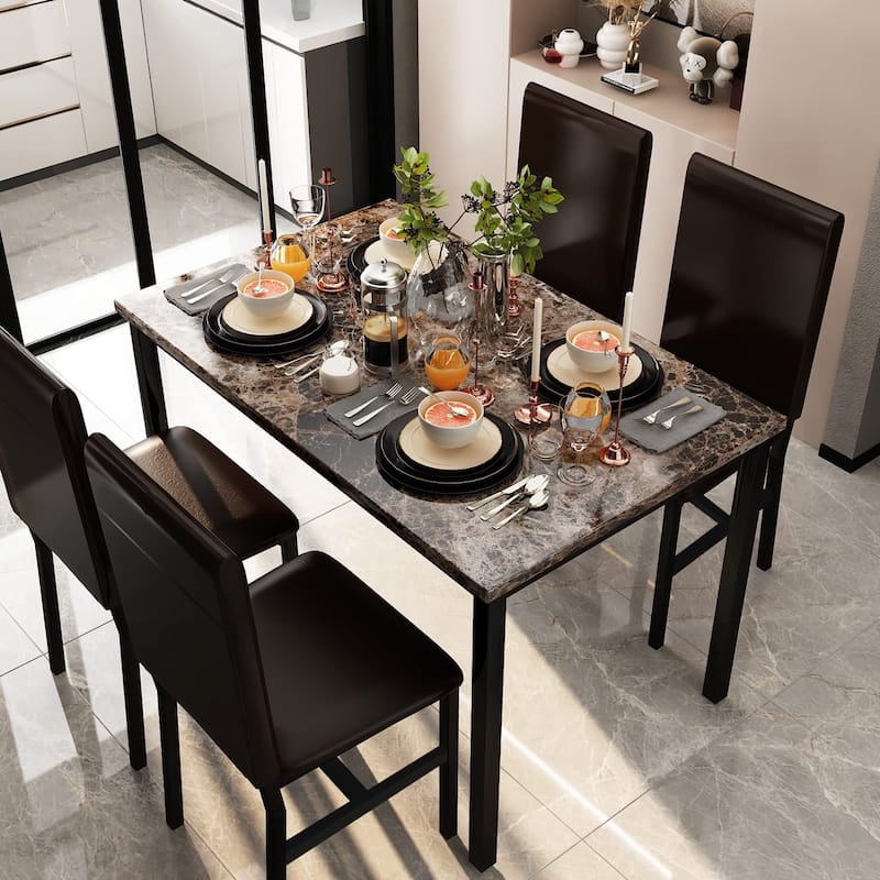 5 - Piece Dining Set, Faux Marble Kitchen Table & Chair Set, 4 Espresso Faux Leather Metal Frame Chairs for Home, Breakfast Nook - Coffee+Espresso