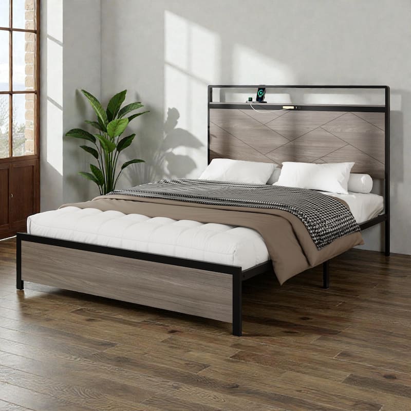 Modern Metal Platform Bed Frame with Wood Headboard LED Lights, USB & Type-C Charging Station, Large Underbed Storage