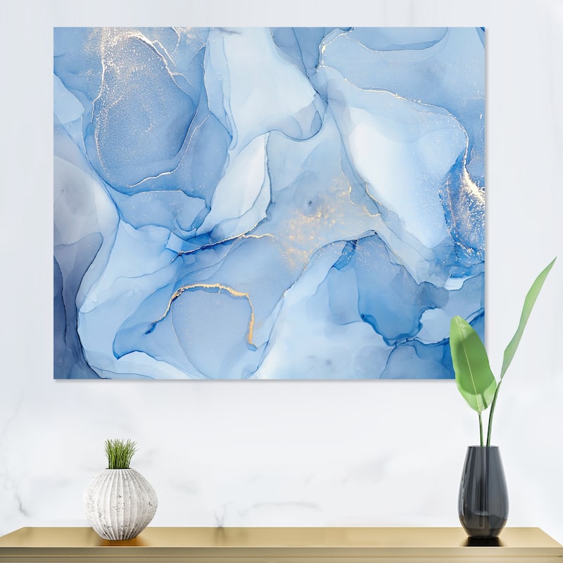 Designart "Liquid Ink Art In Shades Of Light Blue I" Modern Canvas Wall Art Print - 44 in. wide x 34 in. high