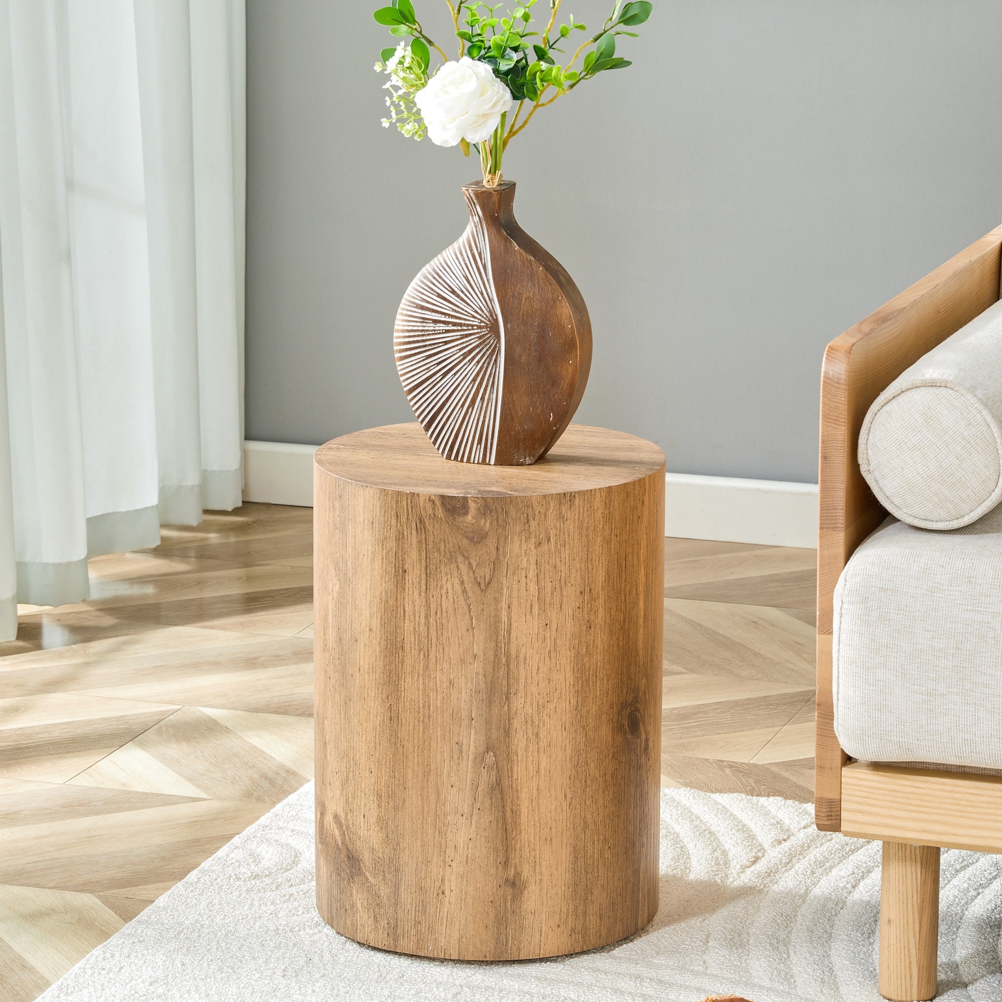 Roomfitters Wood Grain Cylindrical Coffee Table, Natural Wood Tone MDF Side Table, Minimalist Living Room Furniture