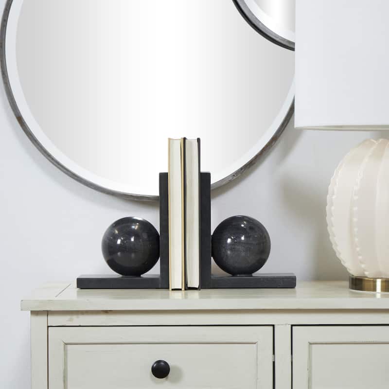 Marble Geometric Sleek Orb Decorative Bookends with L- Shaped Bases - Set of 2 White, Black, Gray - Roche River Decor
