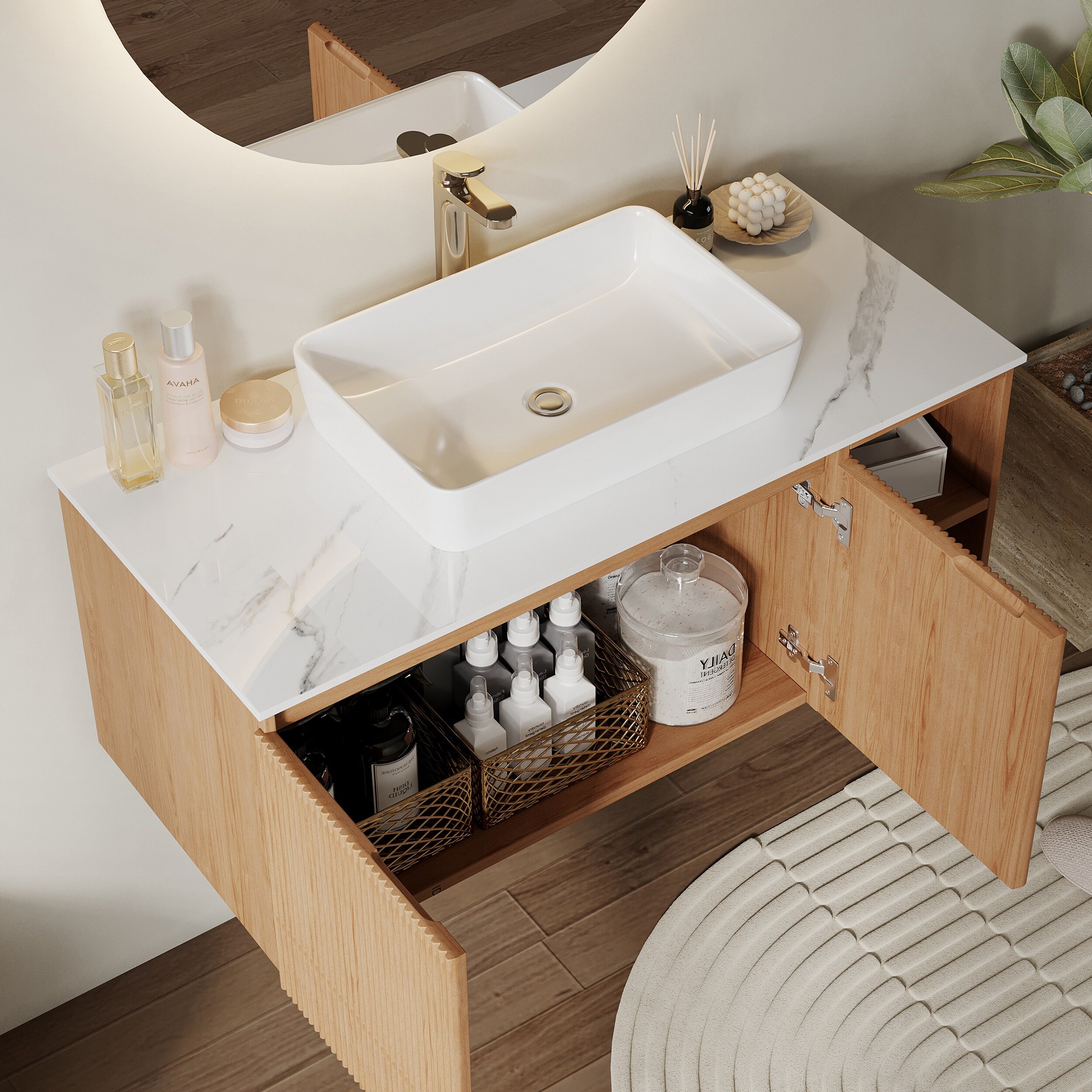 35.83'' Single Bathroom Vanity with Glossy Sintered Stone Top, Light Wood &  Dark Wood - On Sale - Bed Bath & Beyond - 41118487