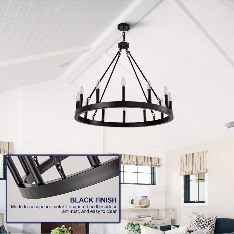 12-Light Wagon Wheel Chandelier, Vintage Ceiling Hanging Pendant Light Fixture