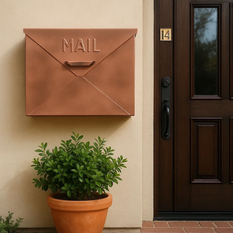 Envelope Shaped Wall Mount Metal Mail Box, Copper