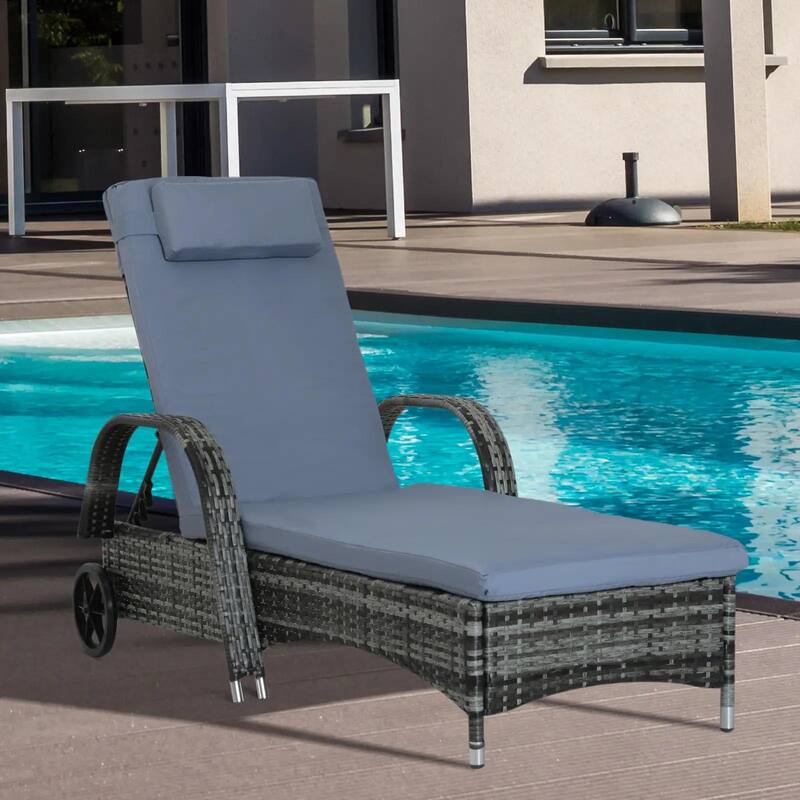 Wicker Chaise Lounge Chair with Adjustable Rattan Recliner, Cushion - Grey