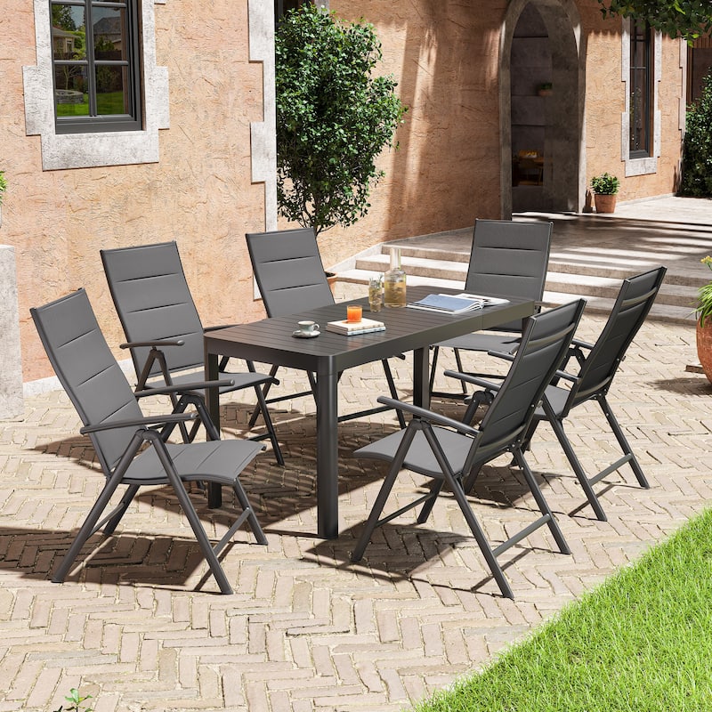 VredHom 5/7-piece Patio Dining Set with Extendable Table and Folding Dining Chairs - Black Table & Dark Grey Chairs - Set of 7