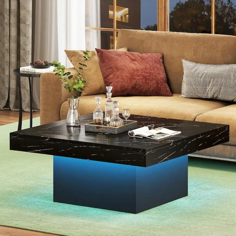 35.4” Square Rustic Wooden Coffee Table with LED Light for Living Room or Bedroom Furniture - 35.4”L x 35.4”W x 17.7”H - Black