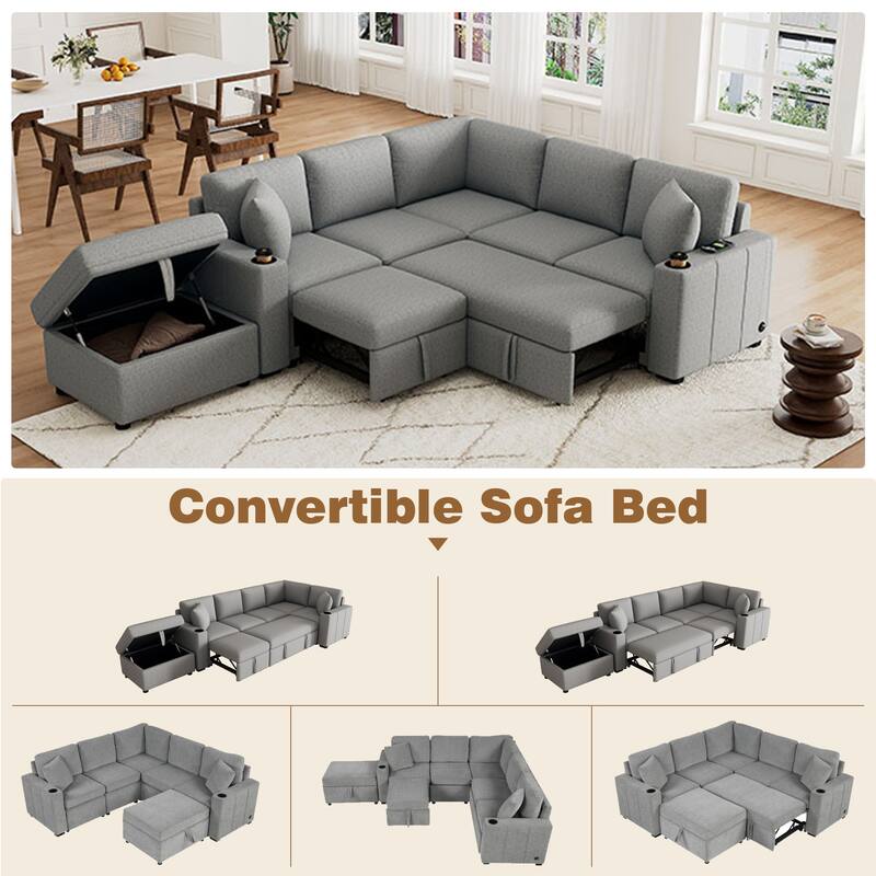 Modern Modular Sectional Sofa with Pull Out Bed and Storage Ottoman and USB Ports for Living Room or Guest Room
