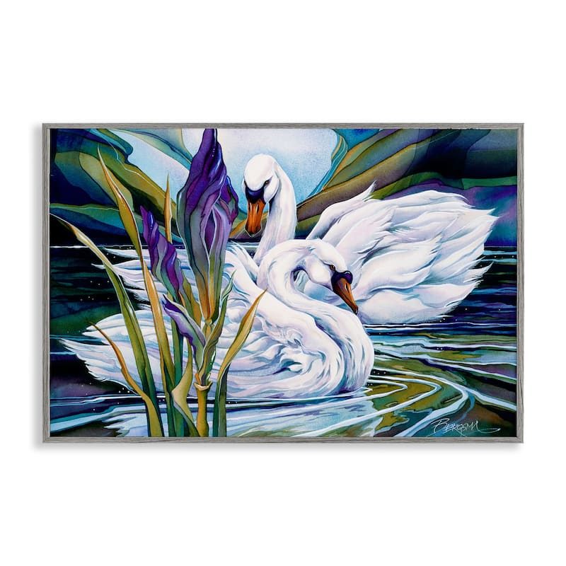 Stupell Swans with Abstract Pond Ripples Framed Giclee Art Design By Jody Bergsma - 30 x 20 - Grey