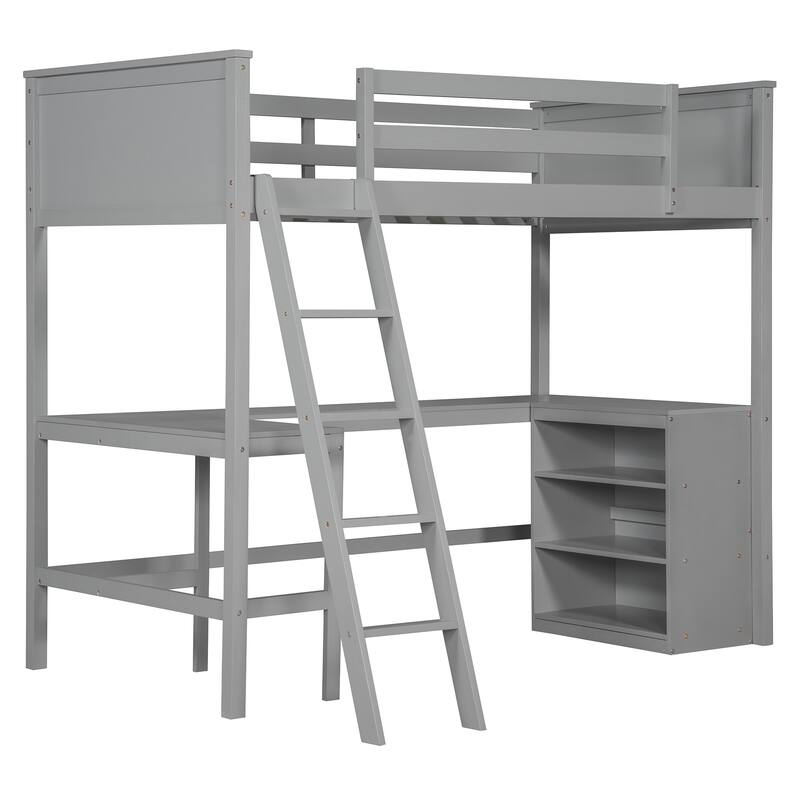 Space-Saving Twin Loft Bed with Desk and Shelves, Gray Finish
