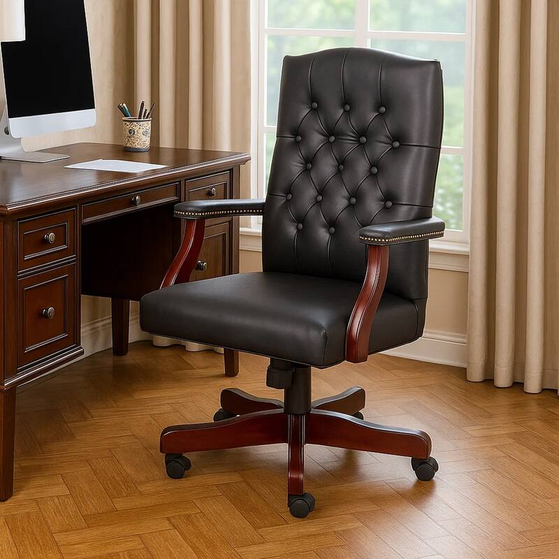 Yuzu Executive Armchair, Gas-Lift Spring-Tilt, Wood Base, Black Vinyl