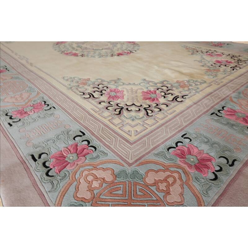 9'6''x14 Hand Knotted Wool IvoryPlush Pile Aubusson Savonnerie Traditional Rug - 9' 6'' x 14'