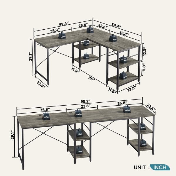 dimension image slide 0 of 9, 95.2 Inch L Shaped Desk with Shelves Home Office Computer Desk