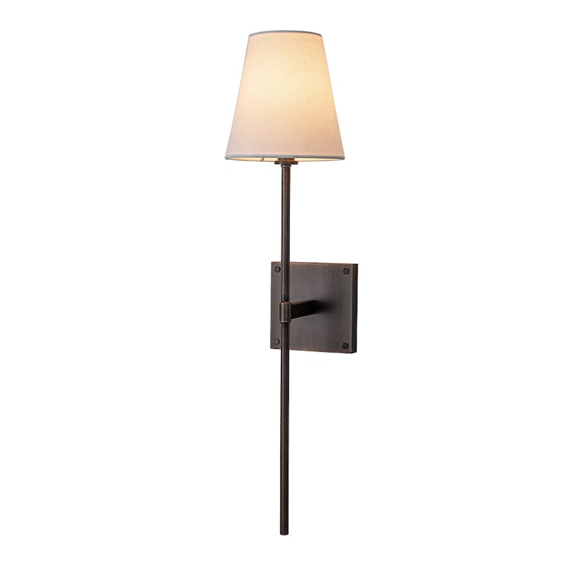 25" Tall Transitional Wall Sconce in Bronze with White Linen Shade Farmhouse Fabric Wall Light for Bedside Hallway Bathroom