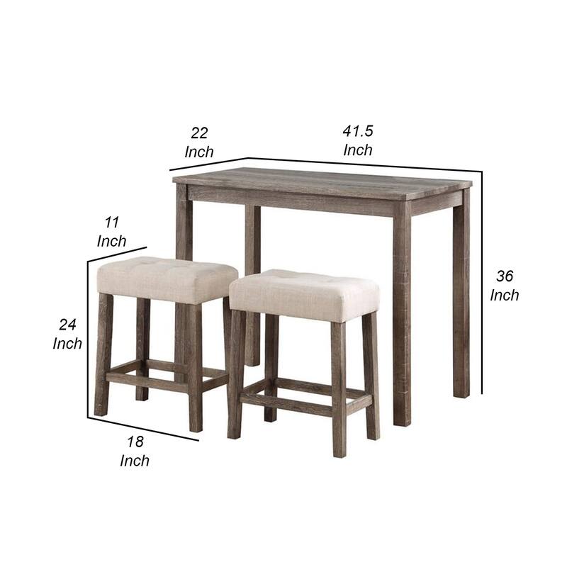 Cora 3 Piece Counter Height Table Set, Deep Tufted Stools, Brown, Beige