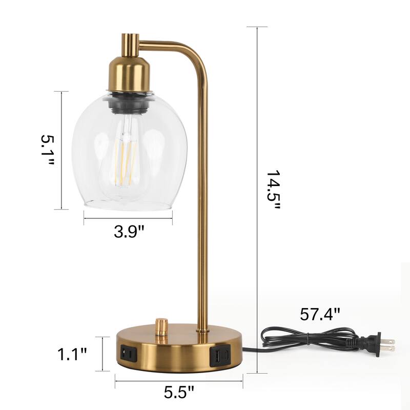 14.5 in. Industrial Table Lamp with Glass Shade with USB Port and Outlet