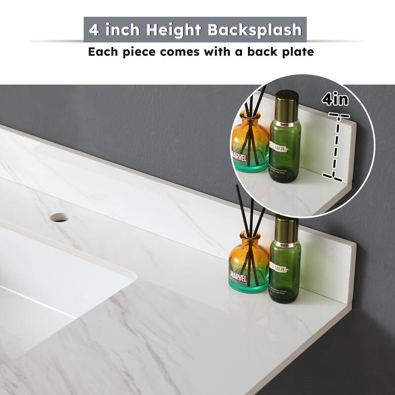 43" Bianco Venato Carrara White Vanity Top with Ceramic Sink, 4" Backsplash, Pre-Drilled Faucet Hole, Sintered Stone Material