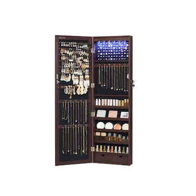 6 LEDs Mirror Jewelry Cabinet, Lockable Wall/Door Mounted Jewelry Armoire Organizer with Mirror 2 Drawers