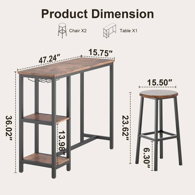Bar Table Set with 2 Stools for Breakfast Nook, Dining Room, Living Room, Kitchen, Dining Hall