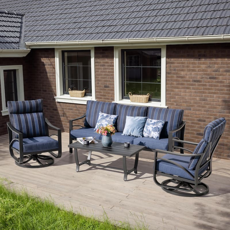 4-Piece Sofa Set with 4.72 Inch Thick Padded Zippered Cushions - Blue