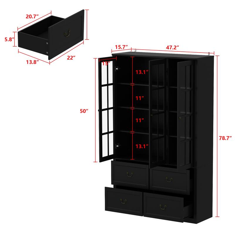 78.7" Combo Buffet Bookcase Storage Cabinet Glass Bookshelf Display