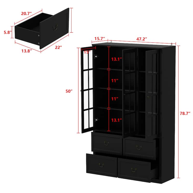 78.7"H Combo Glass Doors Display Cabinet Wooden Bookshelf Organizer