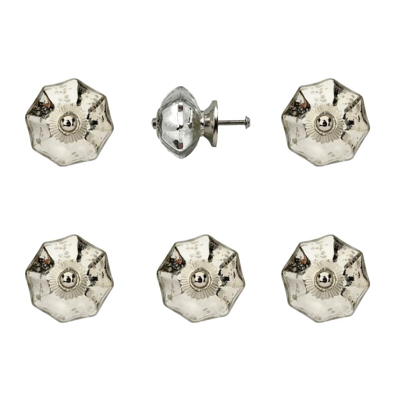 HomeRoots Set of Six Silver Glass Drawer Pull Knobs - 1.50 in. x 1.75 in. x 1.50 in.