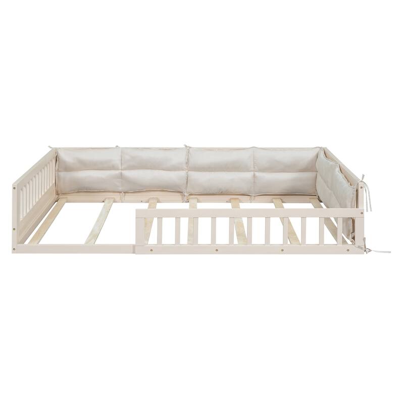 Full Size Upholstered Platform Bed Frame with Guardrail and Pillows, No Box Spring Required, Sturdy and Comfortable for Bedroom
