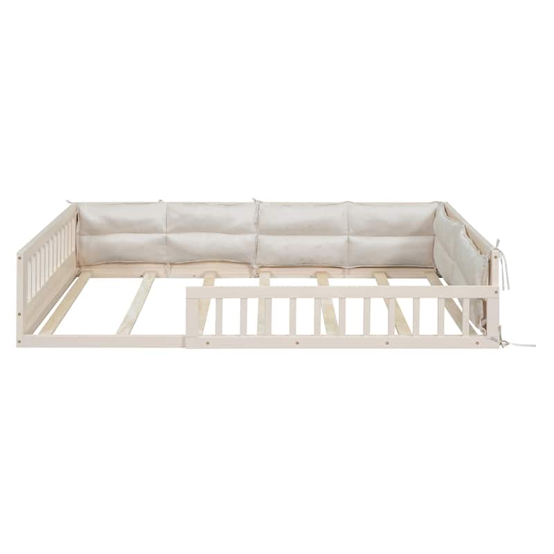 Wooden Platform Bed with Guardrail and Pillow Upholstered