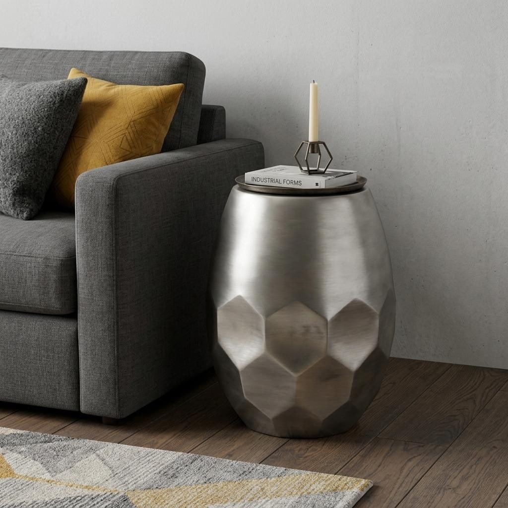 HomeRoots 20" Antique Silver Distressed Iron Round Drum End Table - 16.00 in. x 19.50 in. x 16.00 in.