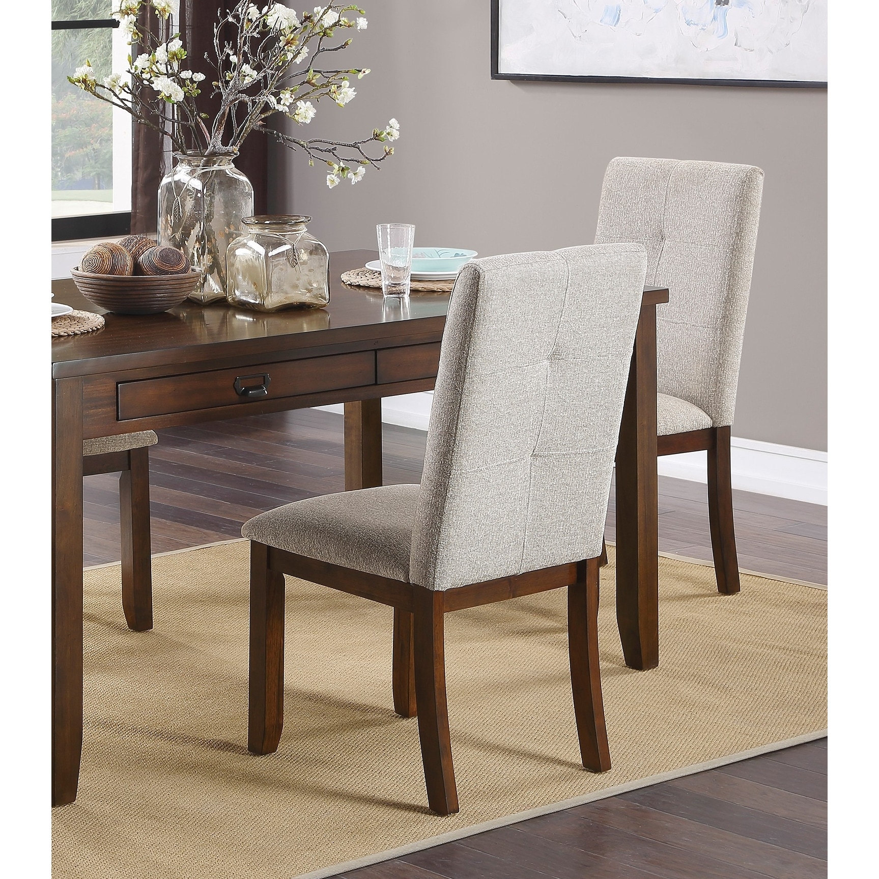 Tufted Chenille Dining Chairs with Dark Cherry Wood Frames, Set of 2