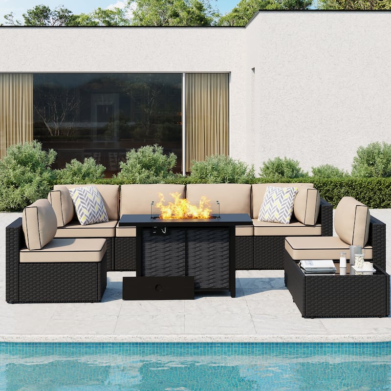 8-Piece Outdoor Patio Wicker Conversation Set with Fire Pit Table, Sectional Sofa & Cushions - N/A - Khaki/Black