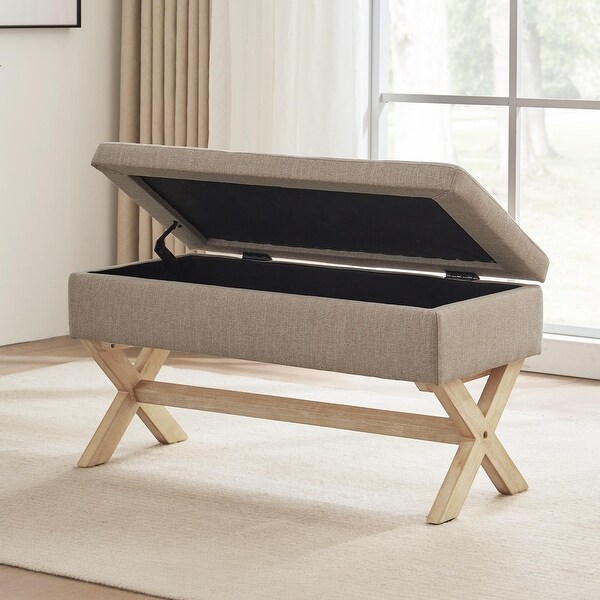 Fabric Entryway Bench Beige Grey Upholstered Storage Bench with X Shaped Legs 36 inch On Sale Bed Bath Beyond 38403390