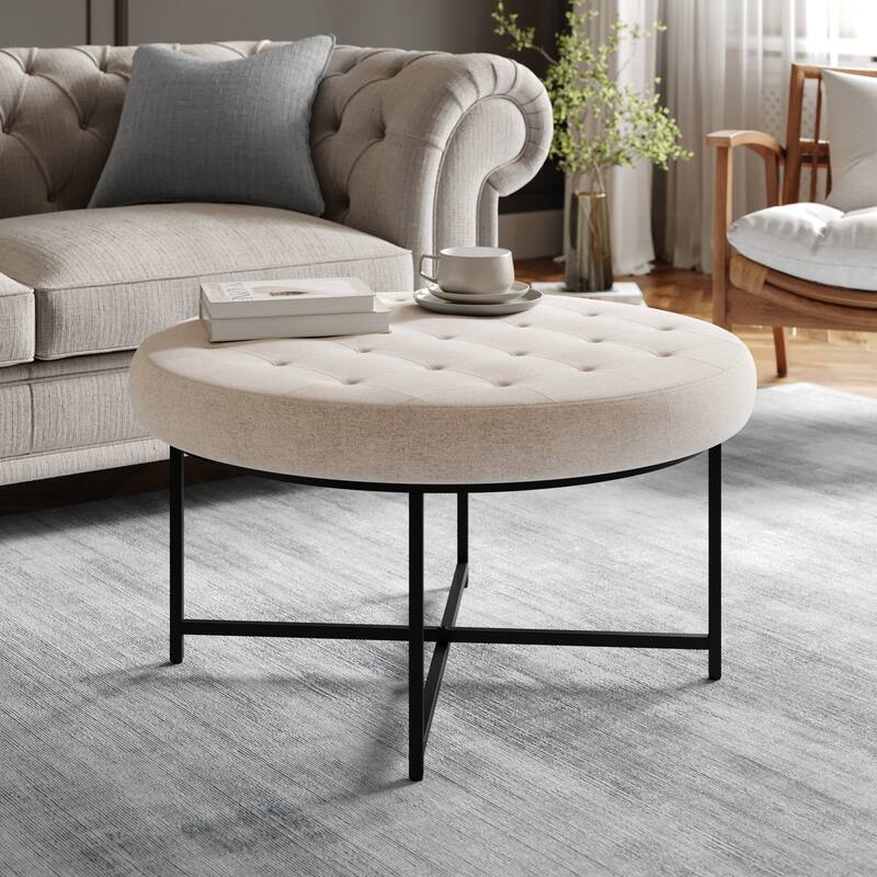 Round Cotton Linen Tufted Ottoman with Metal Frame