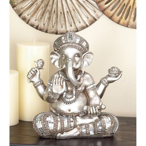 Silver Polystone Bohemian Sculpture Ganesha 12 x 11 x 6 - 11 x 6 x 12