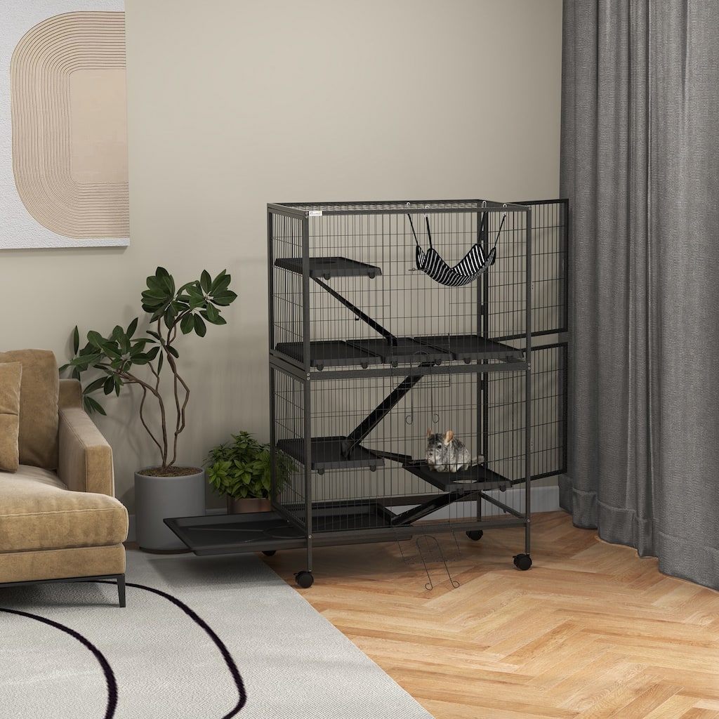 Five-Tier Small Pet Cage with Wheels, Ramp, Hammock and Tray - 31.5"L x 20.5"W x 50.5"H