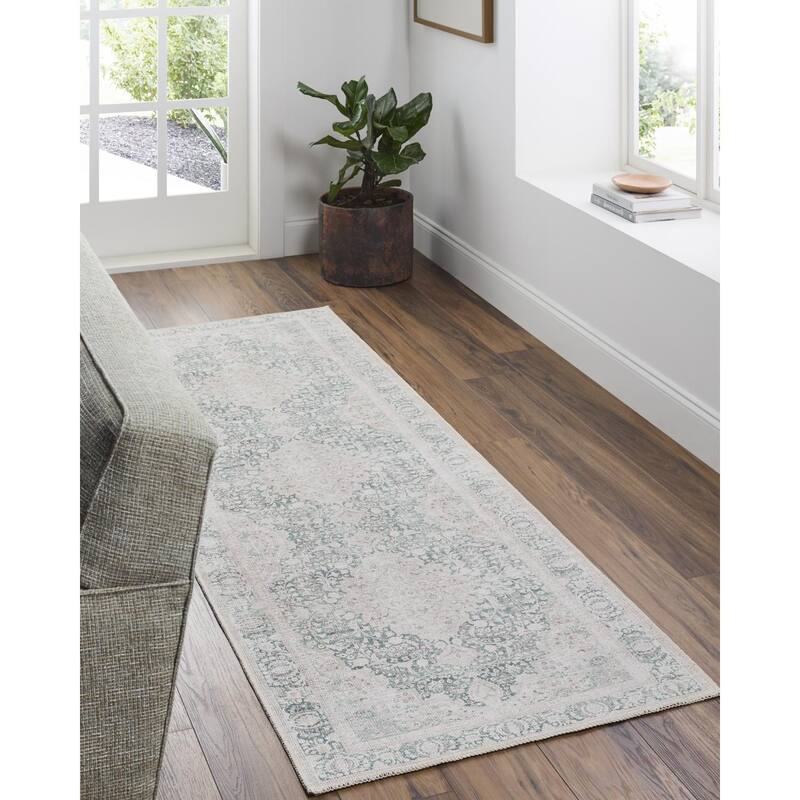 Livabliss Traditional Amelie Medallion Washable Area Rug - 2'7" x 7'10" - Light Gray/Green