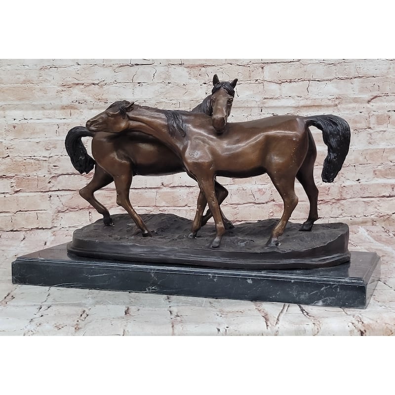 Bronze Horses Sculpture – Pair Of Grazing Stallions Statue On Marble Base