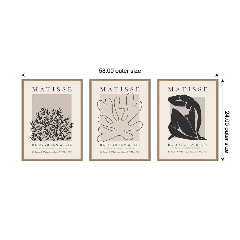 Kate and Laurel Matisse Inspired Florals & Woman Silhouette 3 Piece Framed Canvas Wall Art Set by Gabrielly Guedes