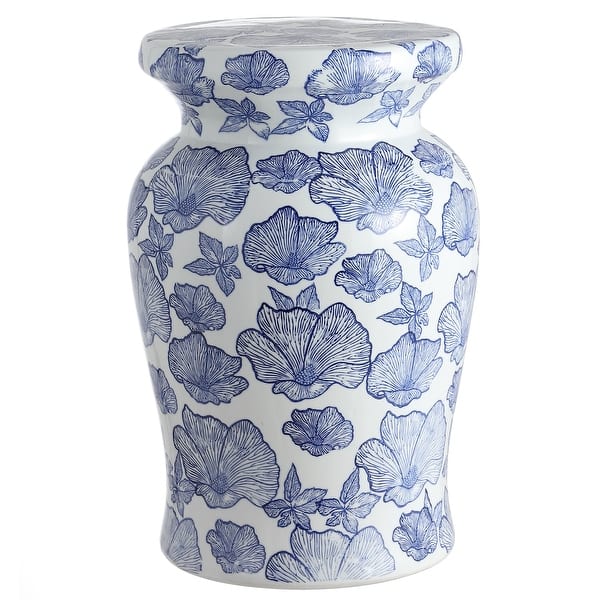 slide 2 of 7, Poppies Traditional Floral Chinoiserie Ceramic Drum Garden Stool, Pierced Indoor/Outdoor Patio Seat Side Table Ceramic - Blue