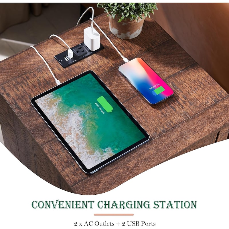 Farmhouse Nightstand Set of 2 with Charging Station, End Table