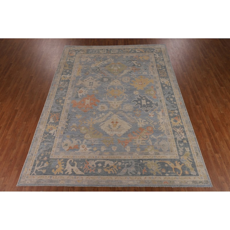 Blue Oushak Turkish Rug Handmade Vegetable Dye Wool Carpet - 9'3"x 11'11"