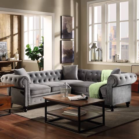 Tufted Velvet Upholstered Rolled Arm Classic Chesterfield Sectional Sofa
