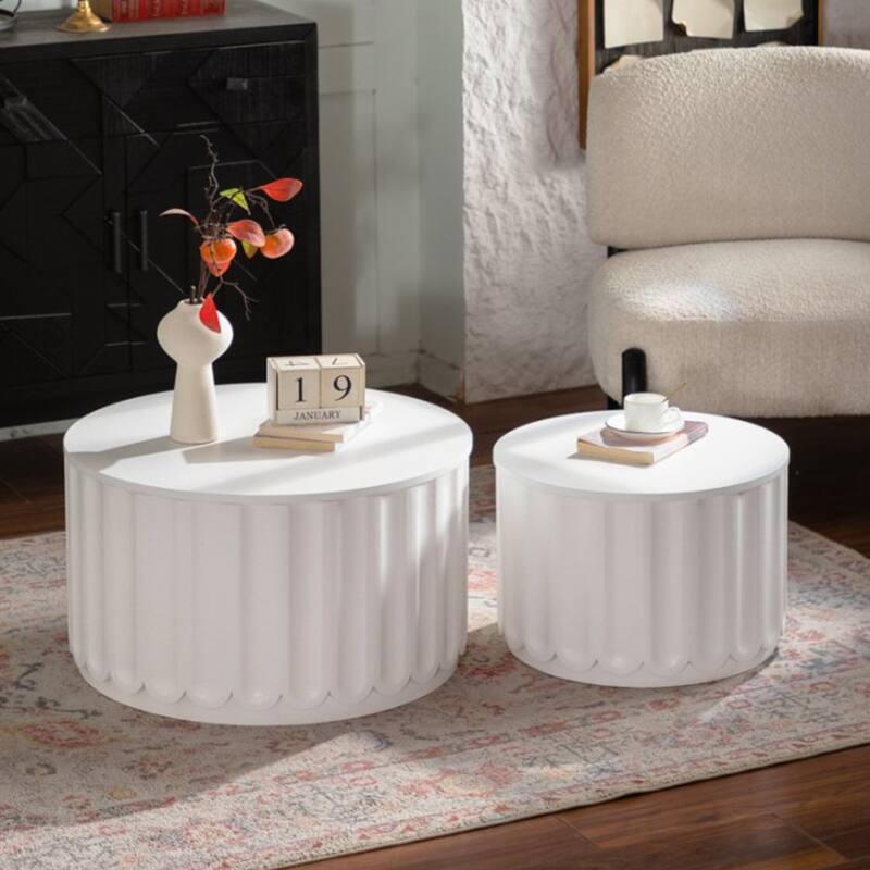 White Round Storage Table Set with Lift-Off Lid, Nesting Design, Elegant Curved-Edge Shape for Cozy Living Room Styling