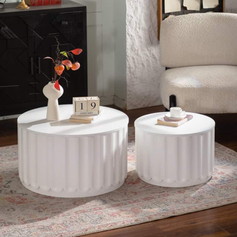 White Round Storage Table Set with Lift-Off Lid, Nesting Design