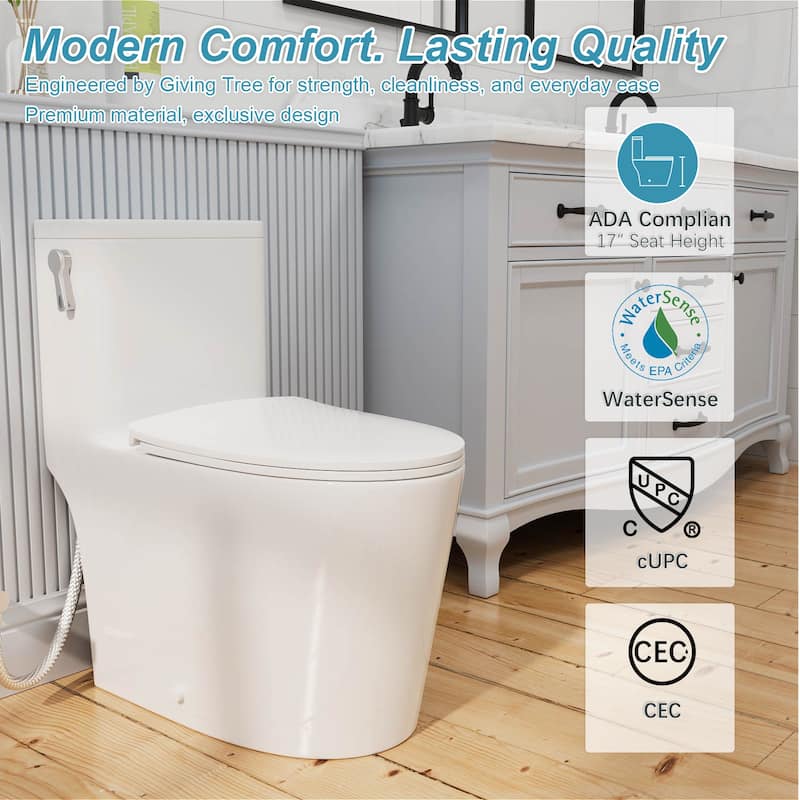 One-piece 1.0/1.28 GPF High Efficiency Dual Flush Elongated Toilet in Gloss White