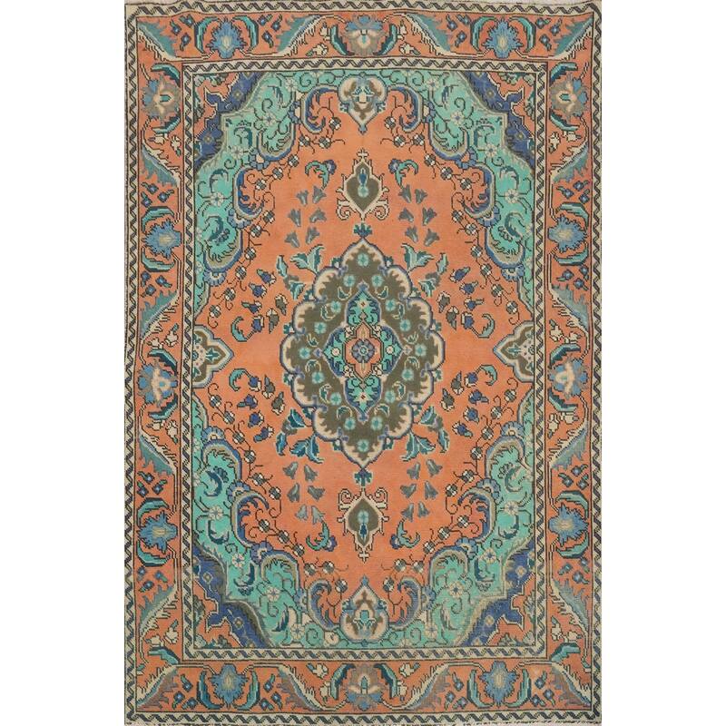 Hand Knotted Oriental 100% Wool Carpet Traditional Floral Oranges & Rust Tabriz Area Rug - 6' 3'' X 4' 5''
